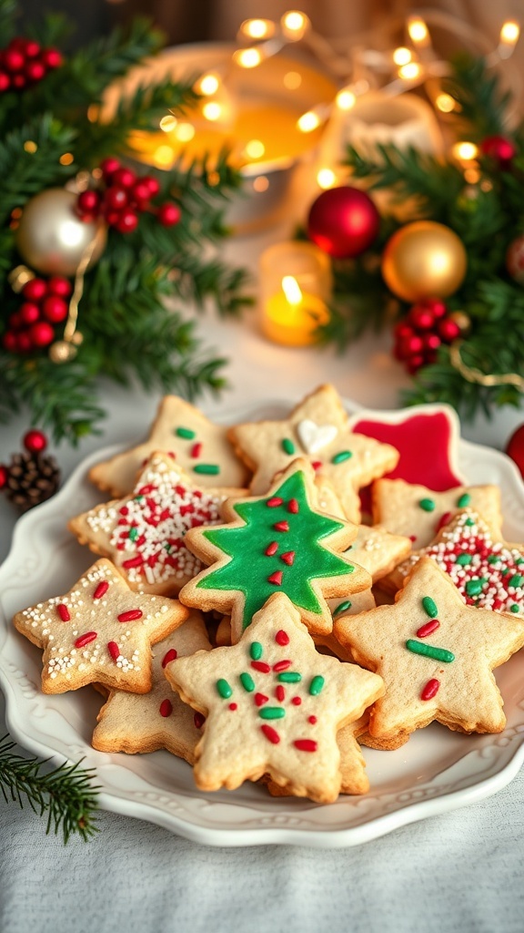 A colorful assortment of Christmas cookies on a platter, decorated with icing and sprinkles, with holiday decorations in the background.